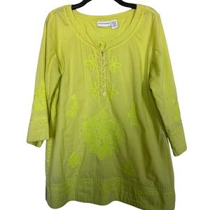 Soft Surroundings Women’s Sz M Cotton Tunic 3/4 Sleeve Embroidered Green Top